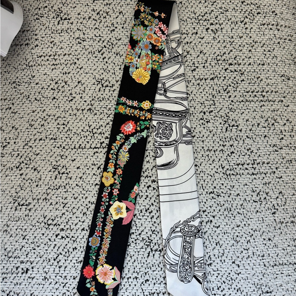 Hermes Black and White Floral Scarf